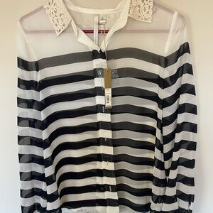 LC Lauren Conrad Black and White Striped Blouse with Lace Collar